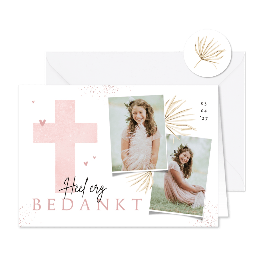Communiefeest bedankkaart kruis roze bohemian foto's - Kaartimpressie