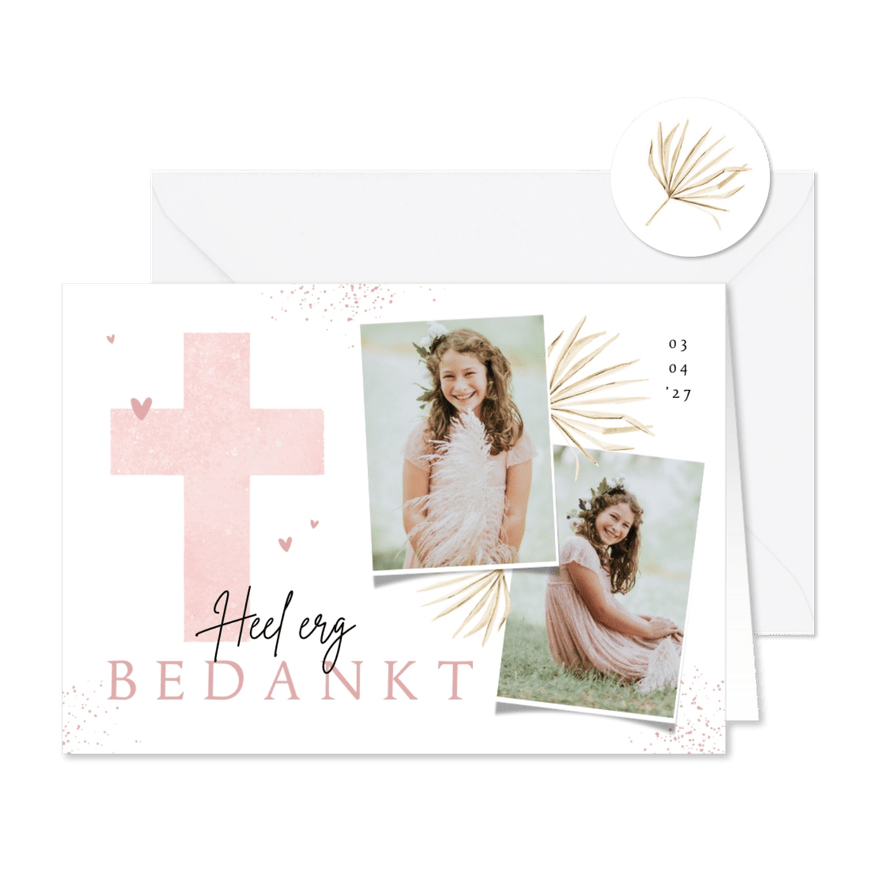Communiefeest bedankkaart kruis roze bohemian foto's - Kaartimpressie