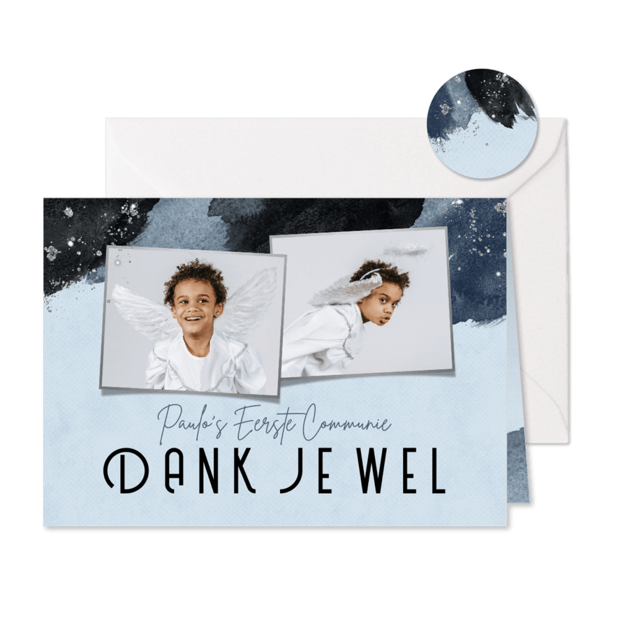 Communiefeest bedankkaart verf blauw zilver glitter - Kaartimpressie