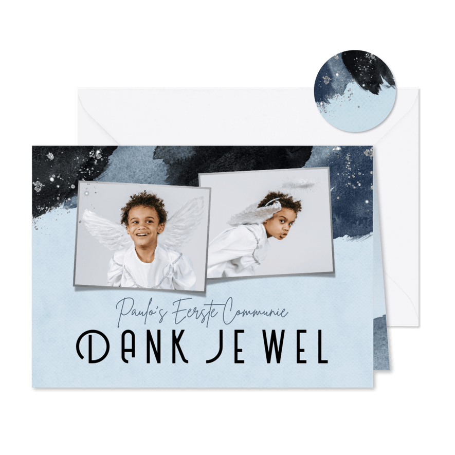 Communiefeest bedankkaart verf blauw zilver glitter - Kaartimpressie