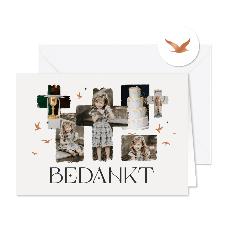 Communiefeest bedankkaart vogeltjes kruis fotocollage koper - Kaartimpressie