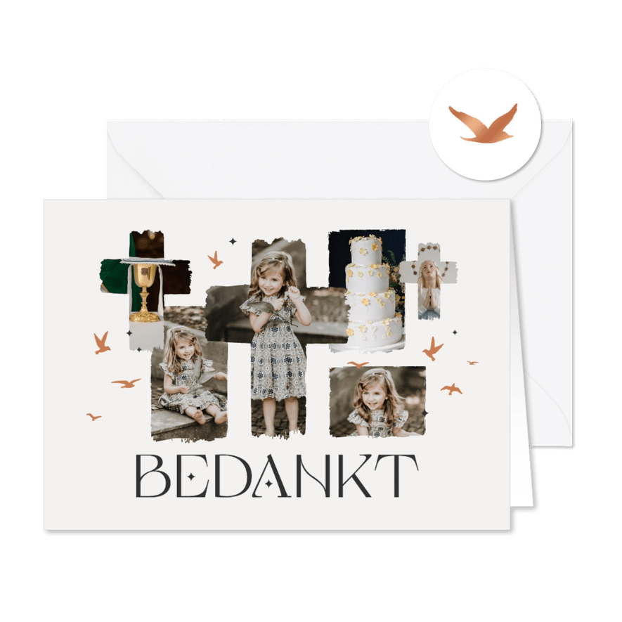 Communiefeest bedankkaart vogeltjes kruis fotocollage koper - Kaartimpressie
