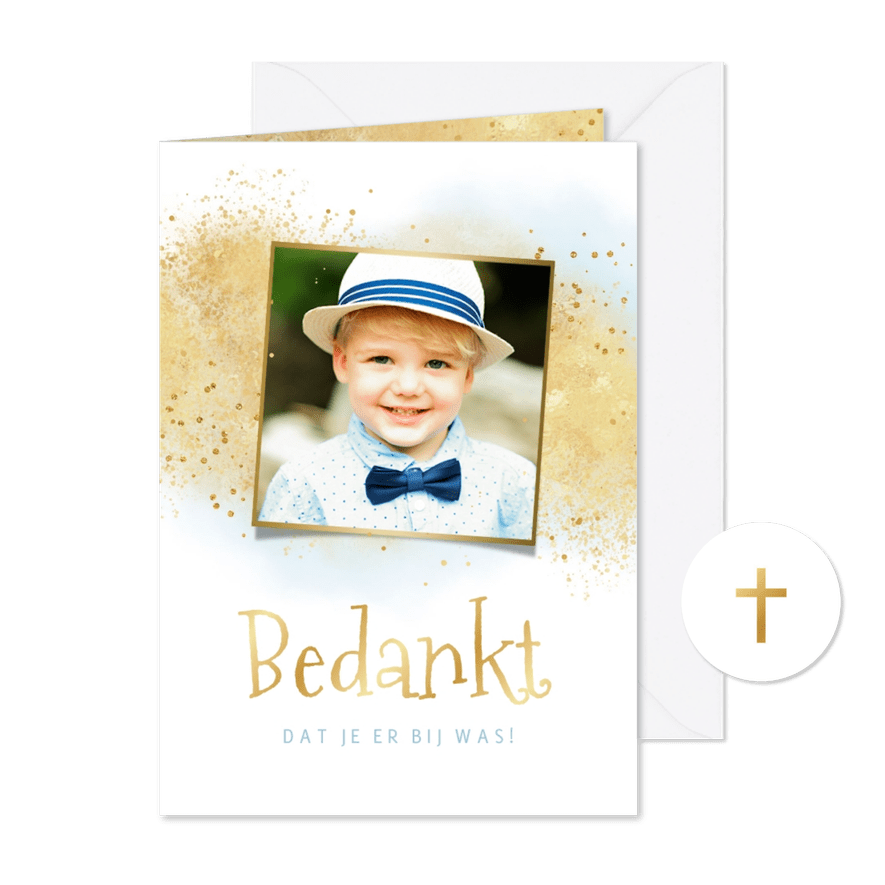 Communiefeest bedankkaart waterverf goud blauw foto - Kaartimpressie