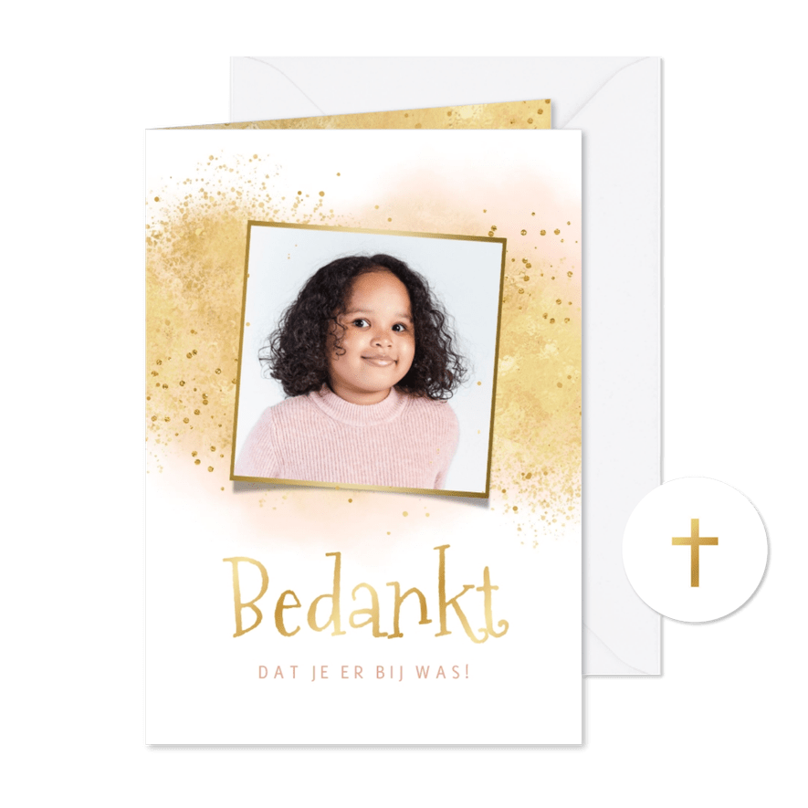 Communiefeest bedankkaart waterverf goud roze hartje - Kaartimpressie