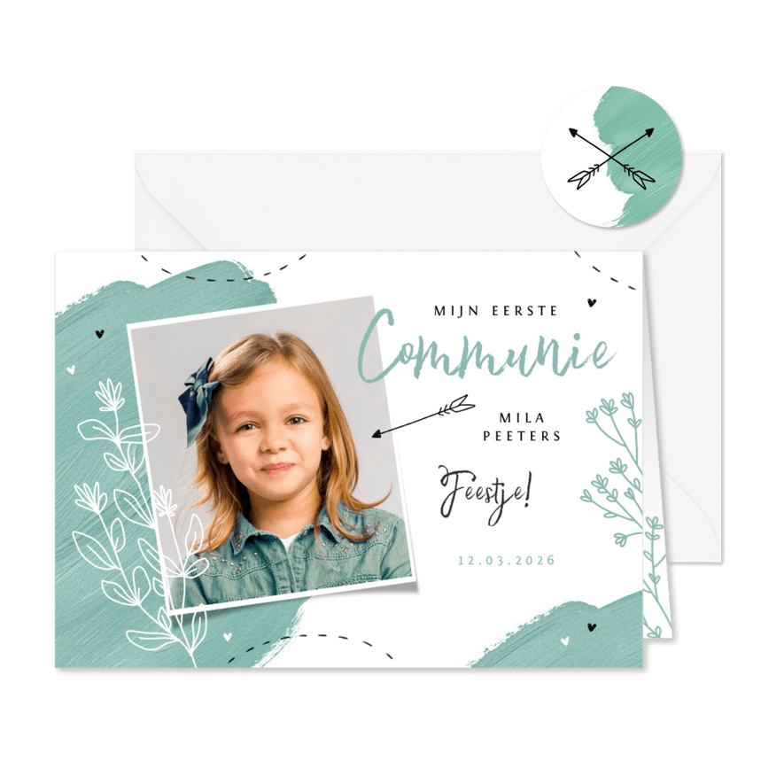 Communiefeest bloemen hartjes foto verf - Kaartimpressie