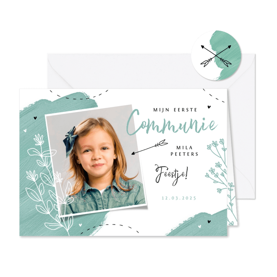 Communiefeest bloemen hartjes foto verf - Kaartimpressie