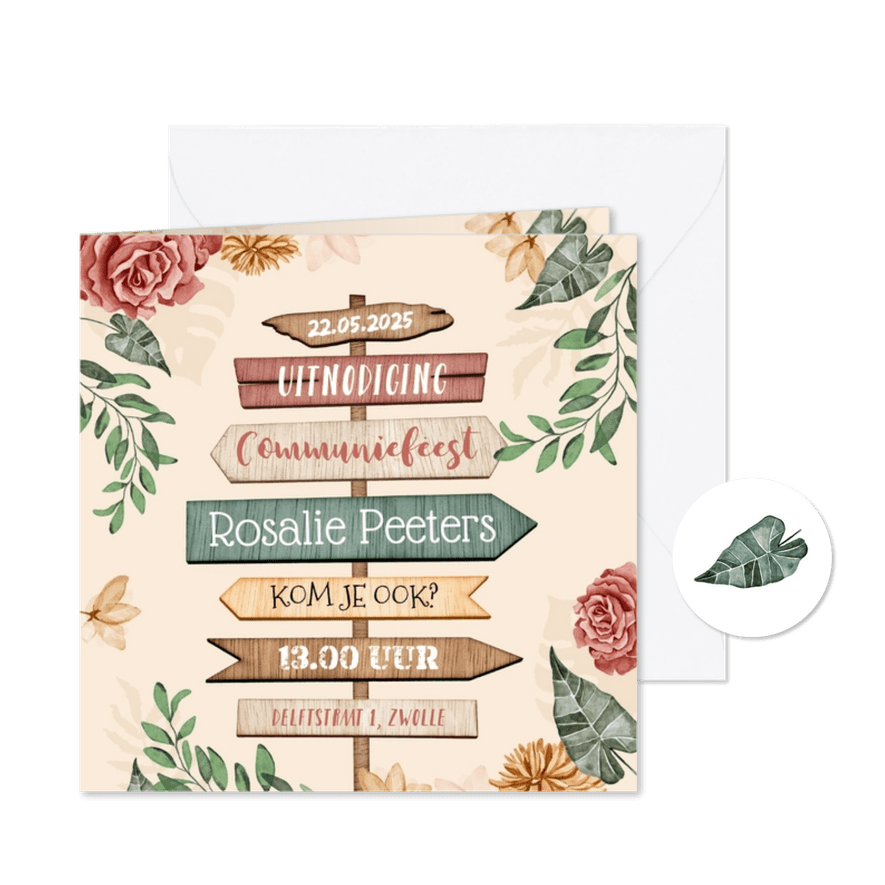 Communiefeest bloemen wegwijzers hout roze vintage - Kaartimpressie