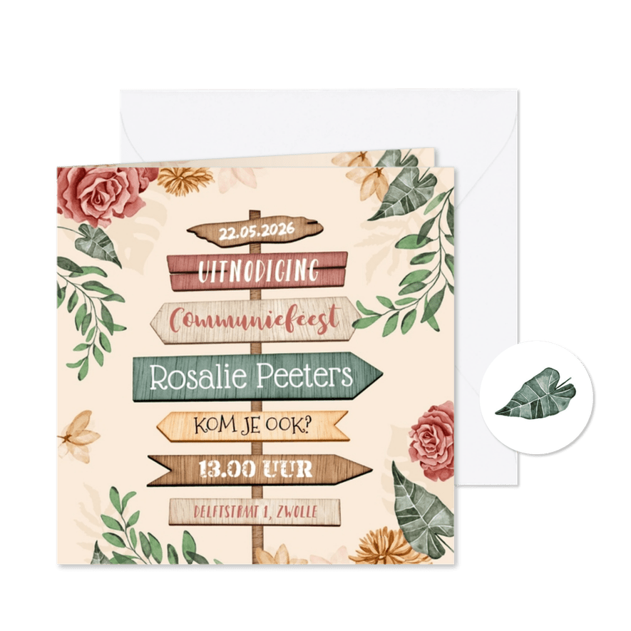 Communiefeest bloemen wegwijzers hout roze vintage - Kaartimpressie