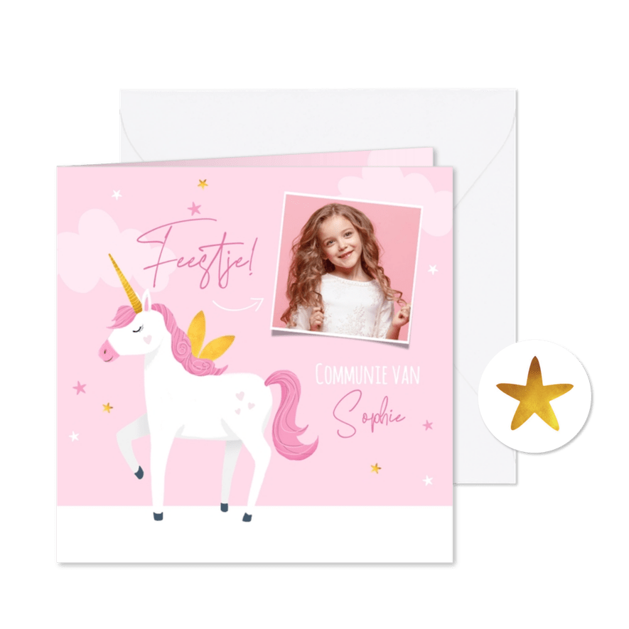 Communiefeest eenhoorn uitnodiging sterren roze foto - Kaartimpressie