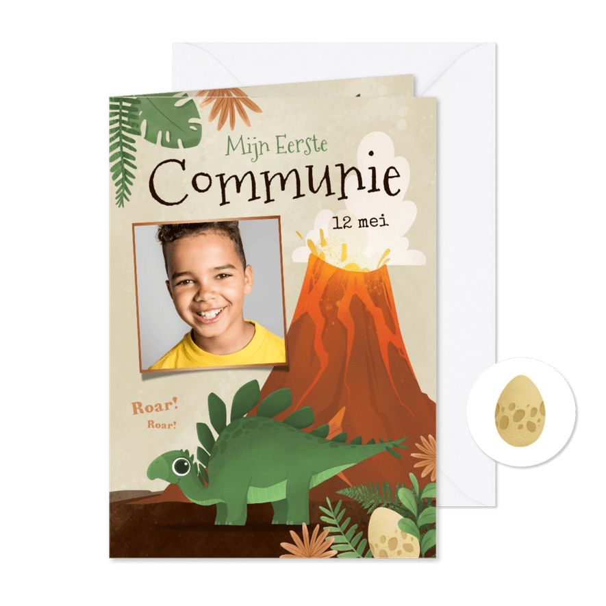 Communiefeest jongen dino's ei vulkaan dinosaurus jungle - Kaartimpressie