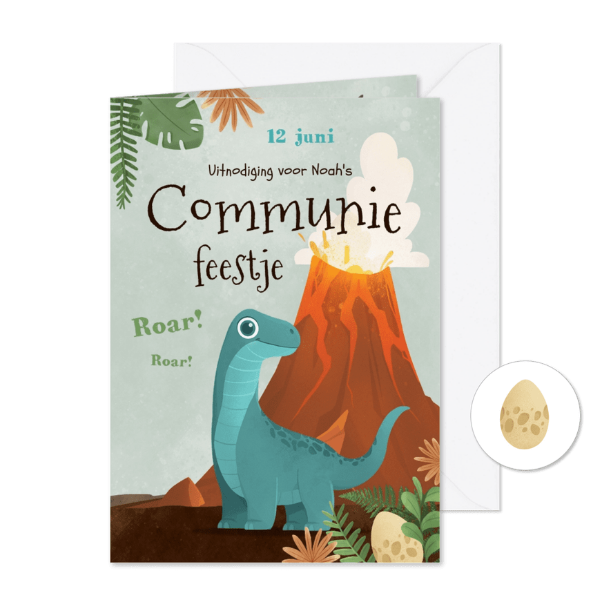 Communiefeest jongen dino T-rex Brontosaurus jungle - Kaartimpressie