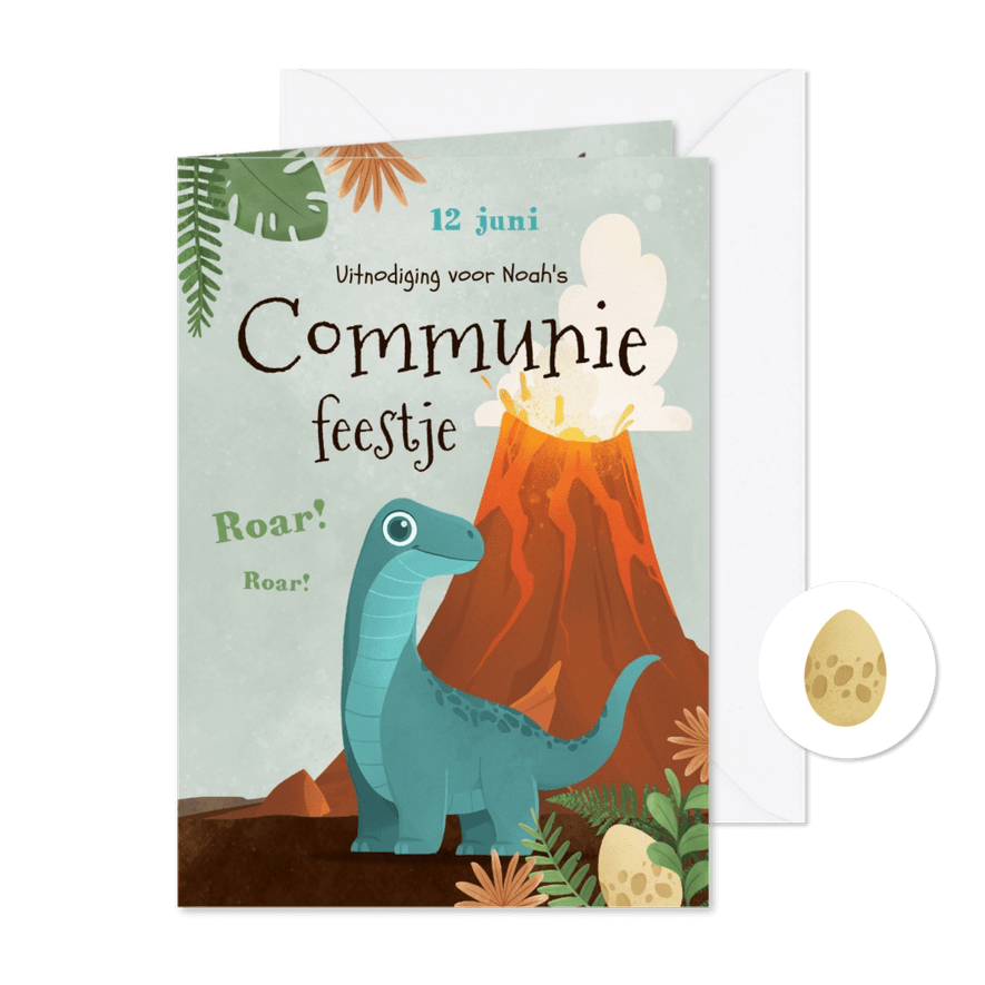 Communiefeest jongen dino T-rex Brontosaurus jungle - Kaartimpressie
