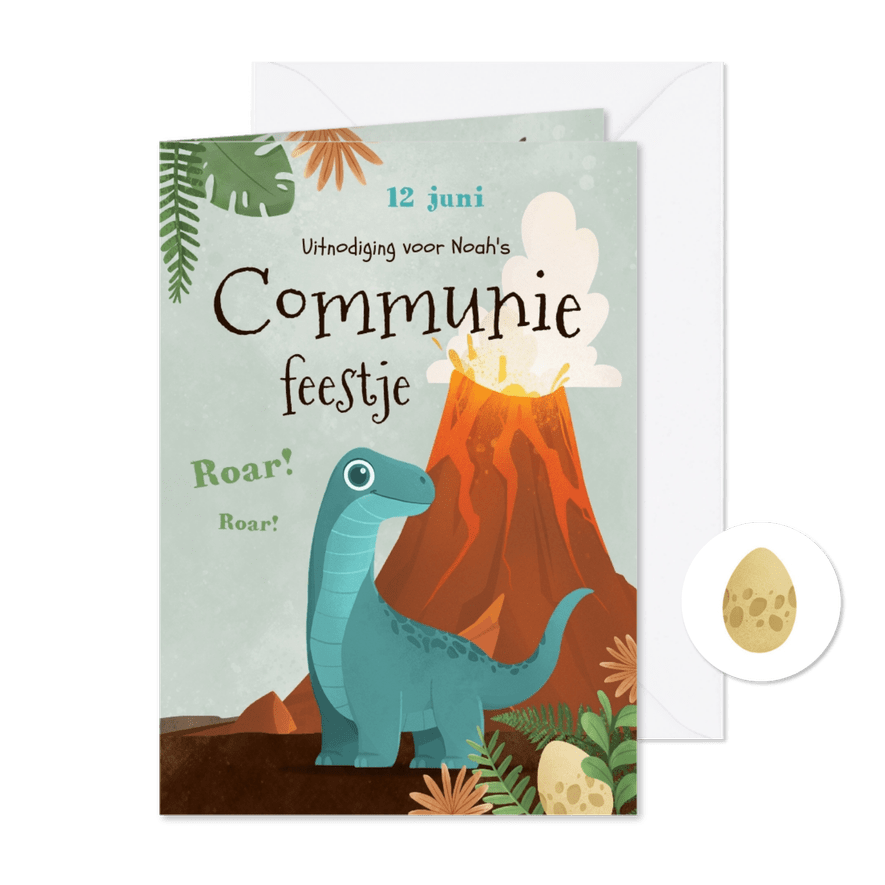 Communiefeest jongen dino T-rex Brontosaurus jungle - Kaartimpressie