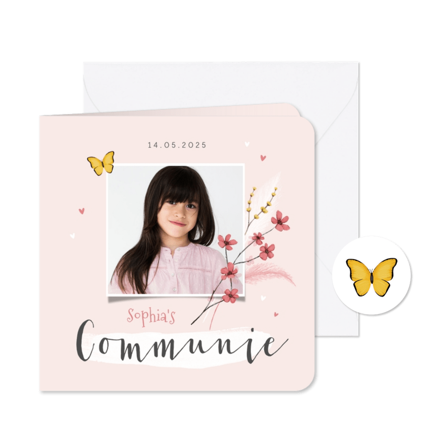 Communiefeest lentefeest hartjes foto vlinder bloemen lief - Kaartimpressie