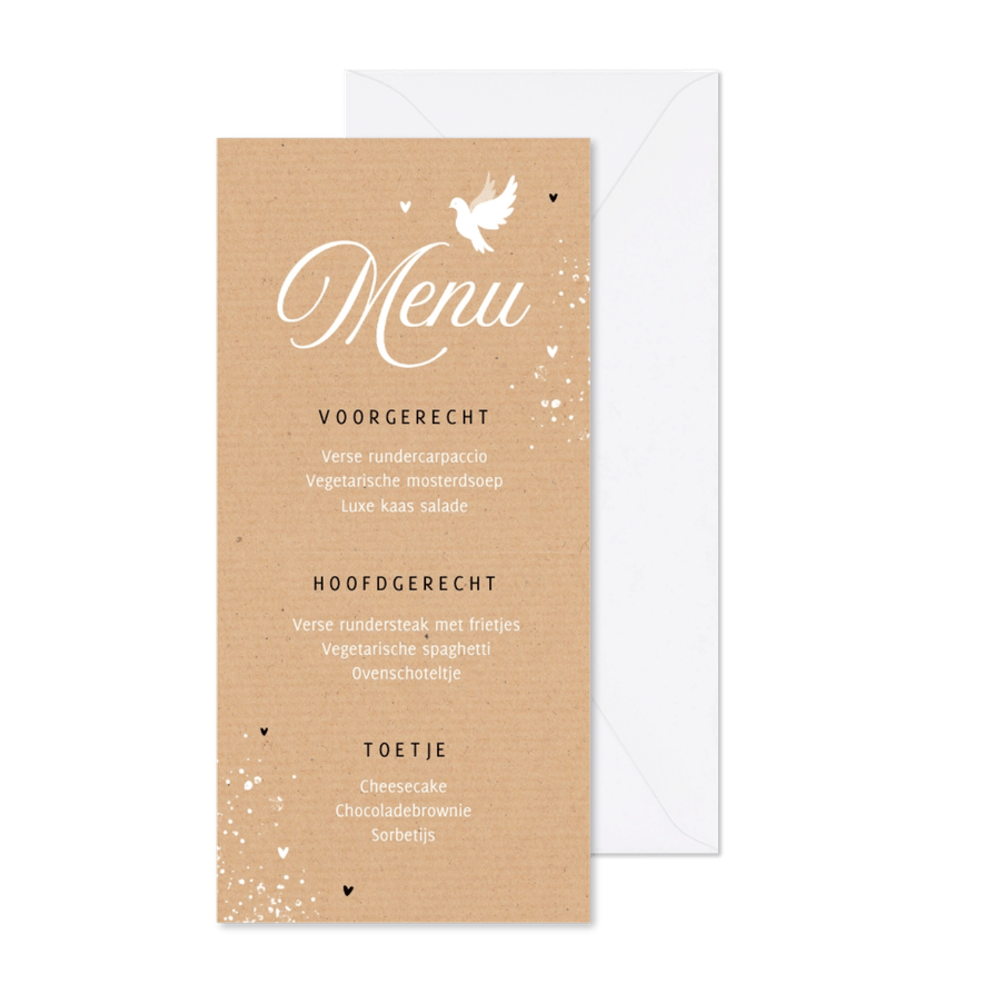 Communiefeest menu kraftpapier duif hartjes foto - Kaartimpressie