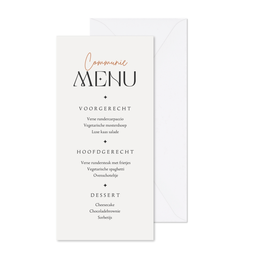 Communiefeest menu vogeltjes kruis koper - Kaartimpressie