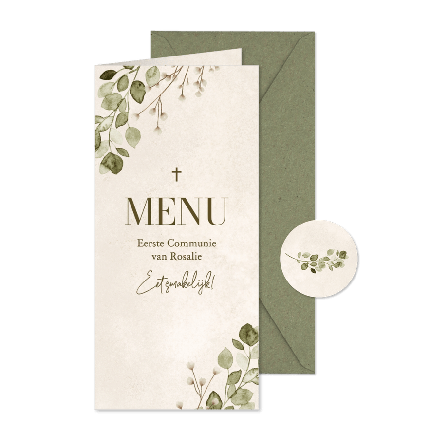 Communiefeest menukaart natuurlijk zand eucalyptus - Kaartimpressie