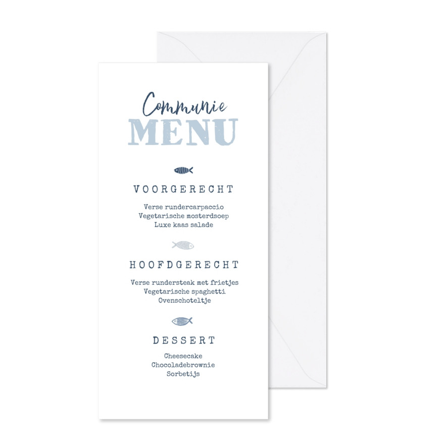 Communiefeest menukaart visjes blauw foto - Kaartimpressie