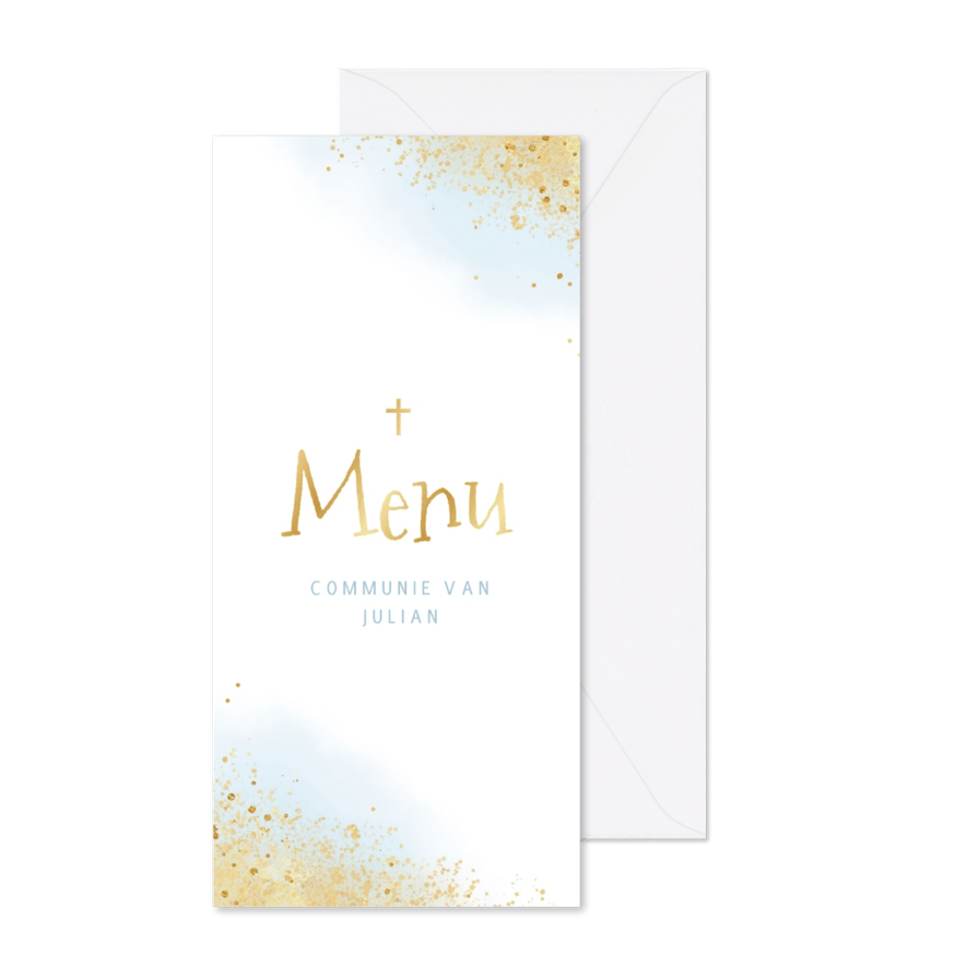 Communiefeest menukaart waterverf goud blauw kruisje - Kaartimpressie