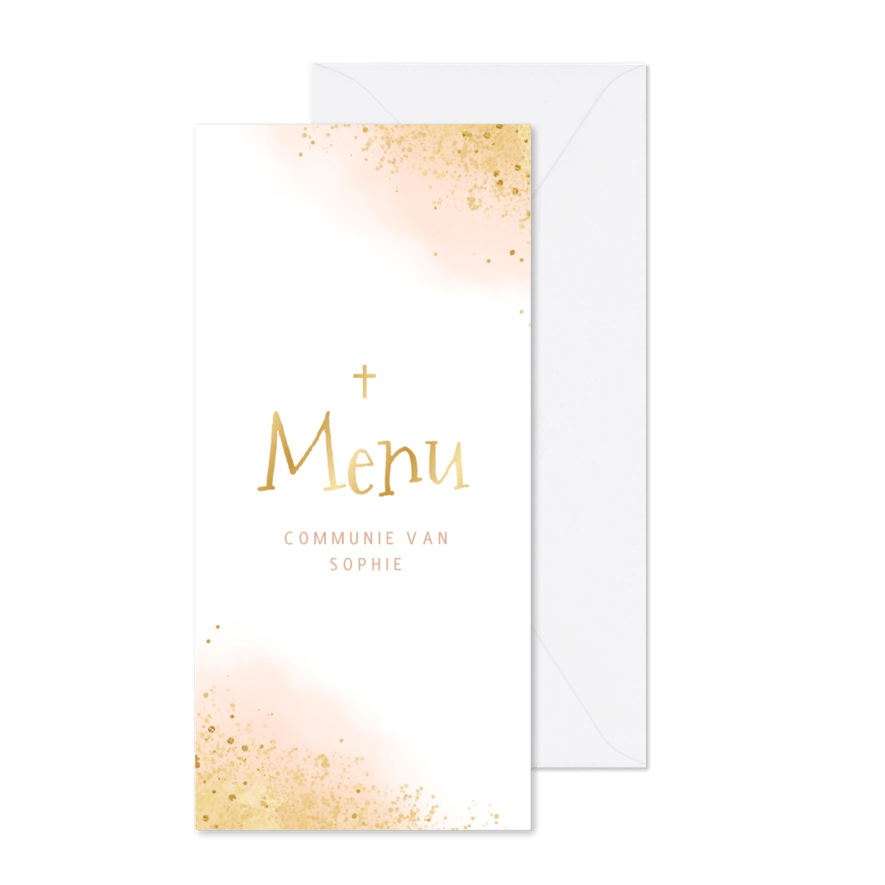 Communiefeest menukaart waterverf goud roze kruisje - Kaartimpressie