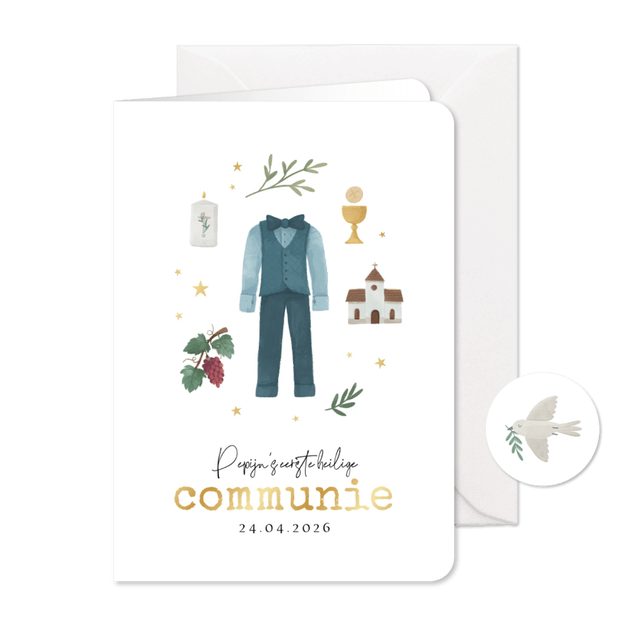 Communiefeest outfit illustraties uitnodiging jongen kerk - Kaartimpressie