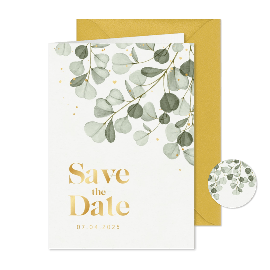 Communiefeest save the date eucalyptus goud stijlvol hartjes - Kaartimpressie