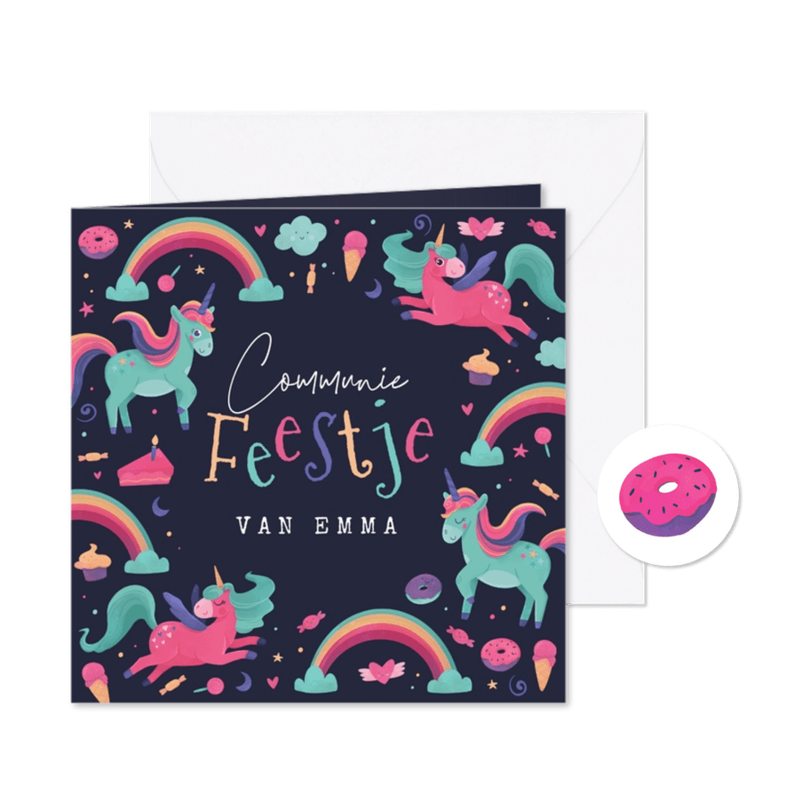 Communiefeest snoep eenhoorn regenboog donuts - Kaartimpressie
