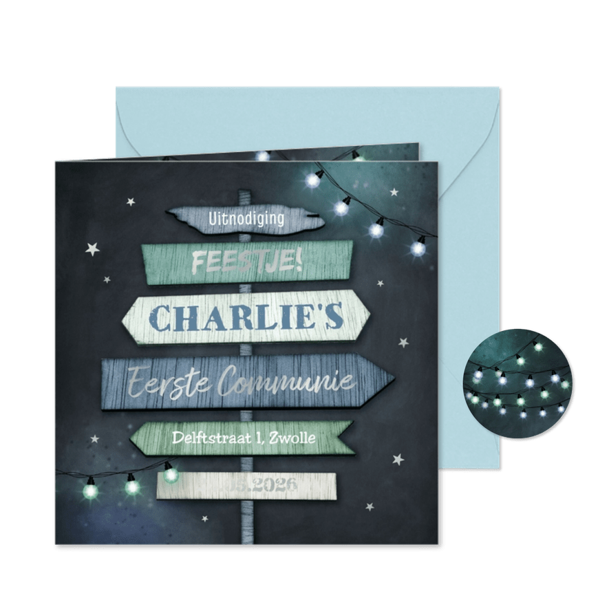 Communiefeest stoer lentefeest wegwijzers blauw lampjes - Kaartimpressie