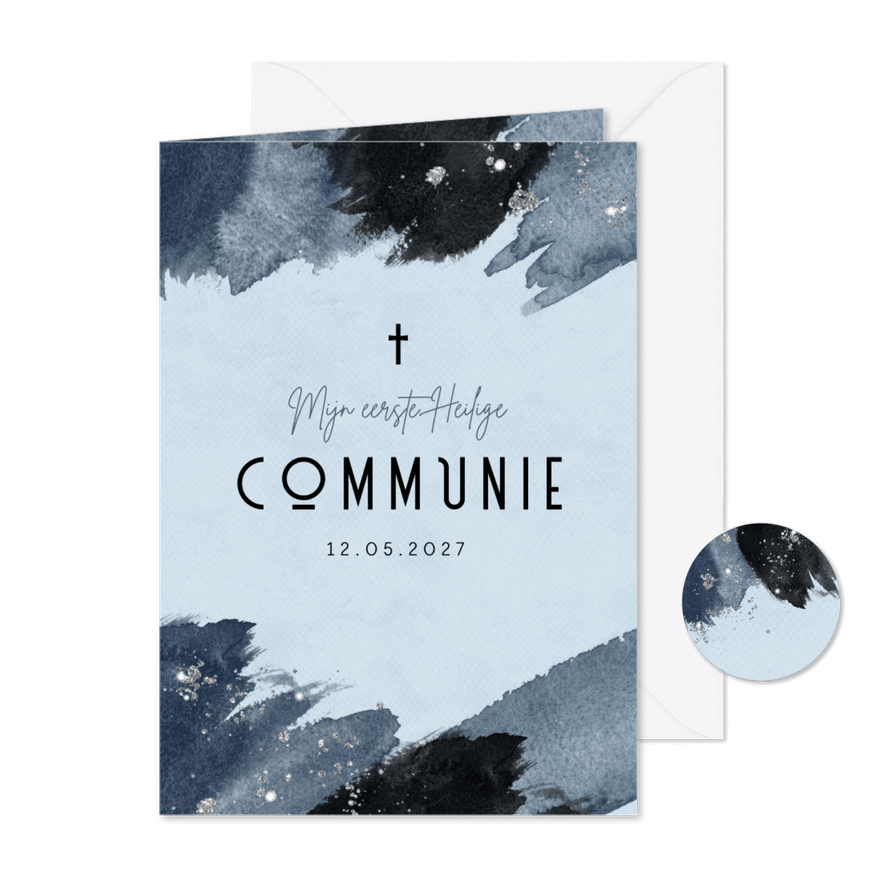 Communiefeest uitnodiging blauw verf kruisje - Kaartimpressie