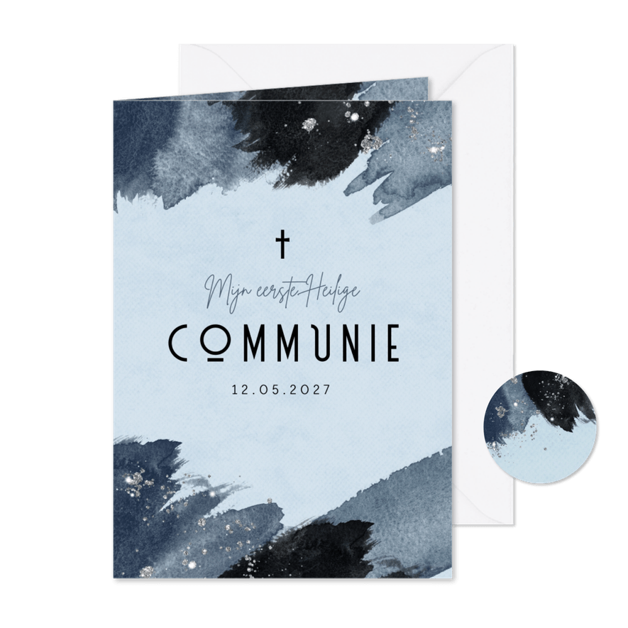 Communiefeest uitnodiging blauw verf kruisje - Kaartimpressie