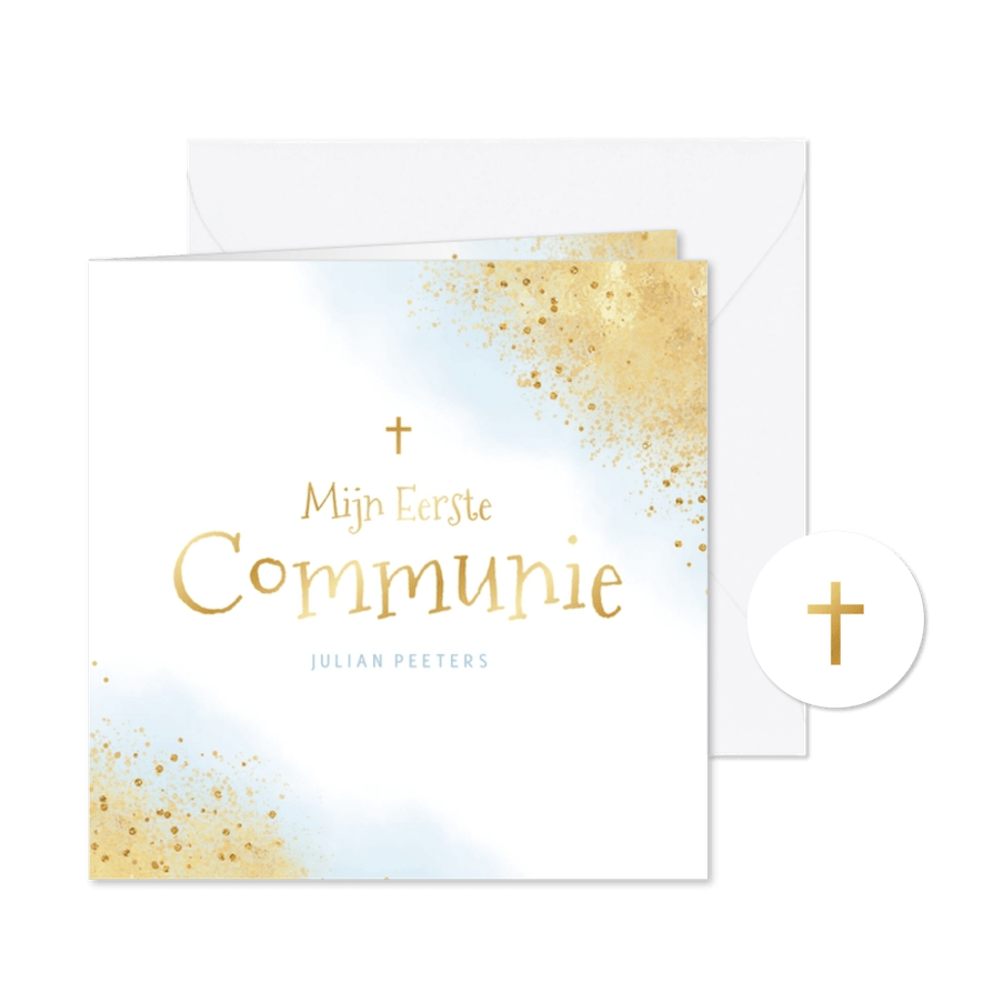 Communiefeest uitnodiging kruisje waterverf goud blauw  - Kaartimpressie