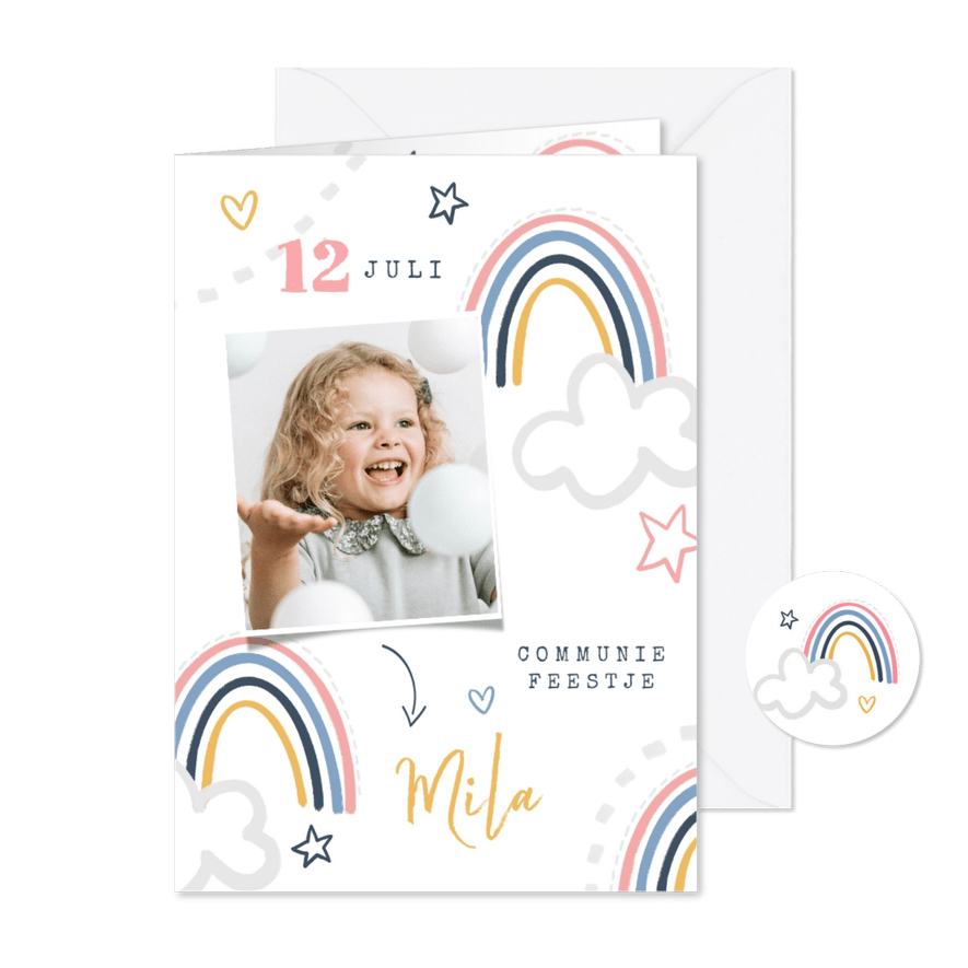 Communiefeest uitnodiging regenboogjes wolkjes foto sterren - Kaartimpressie