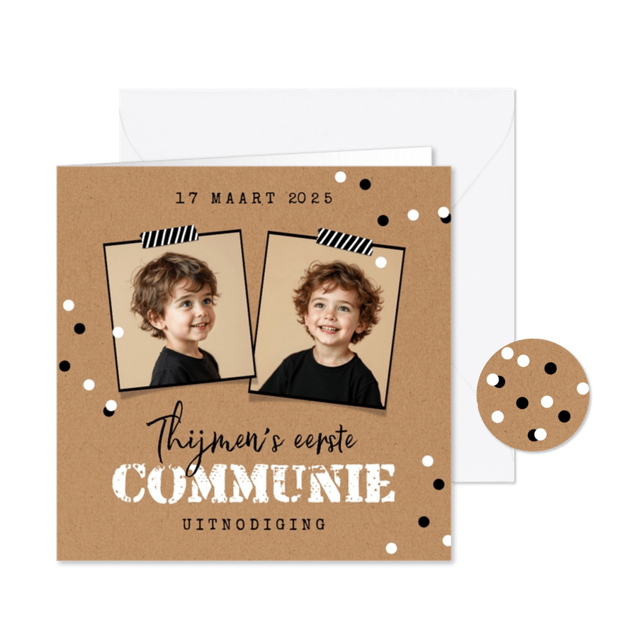 Communiefeest uitnodiging stoer kraft confetti jongen foto - Kaartimpressie