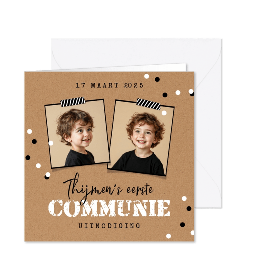 Communiefeest uitnodiging stoer kraft confetti jongen foto - Kaartimpressie