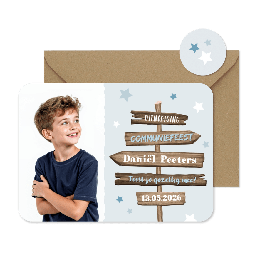 Communiefeest uitnodiging stoer wegwijzers hout foto sterren - Kaartimpressie