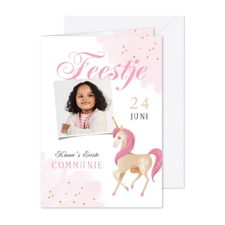 Communiefeest uitnodiging unicorn stijlvol waterverf goud - Kaartimpressie