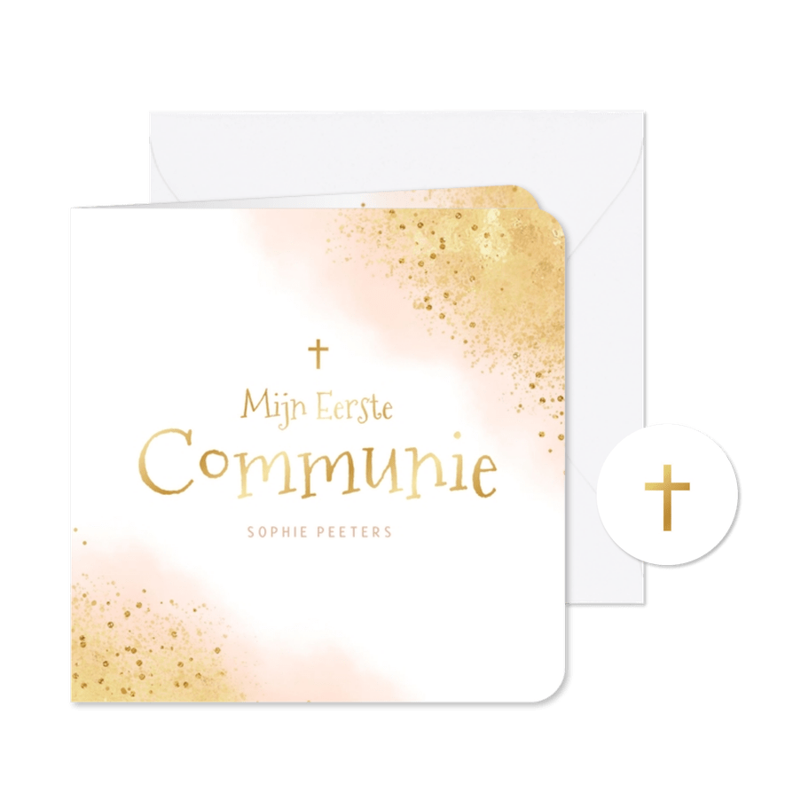 Communiefeest uitnodiging waterverf goud roze kruisje - Kaartimpressie