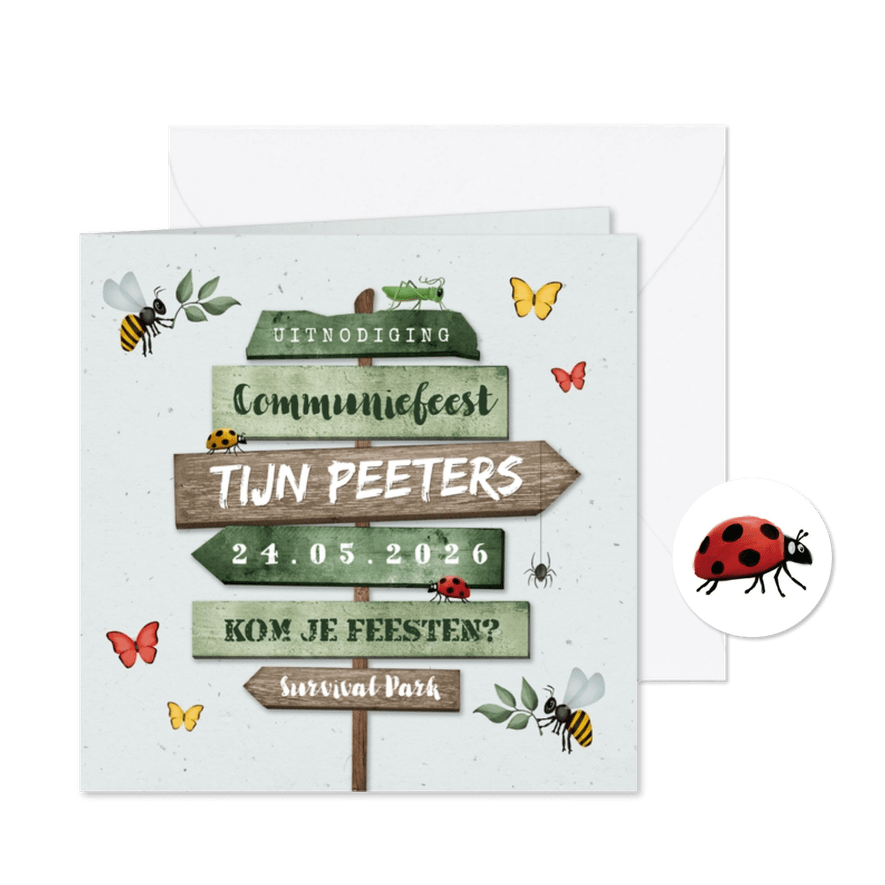 Communiefeest uitnodiging wegwijzers tuinfeest insecten - Kaartimpressie