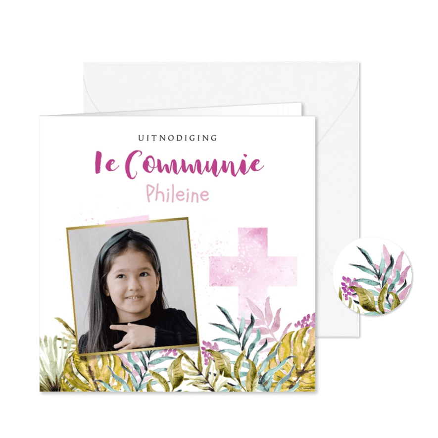 Communiefeest uitnodigingskaart botanisch kruis watercolour - Kaartimpressie