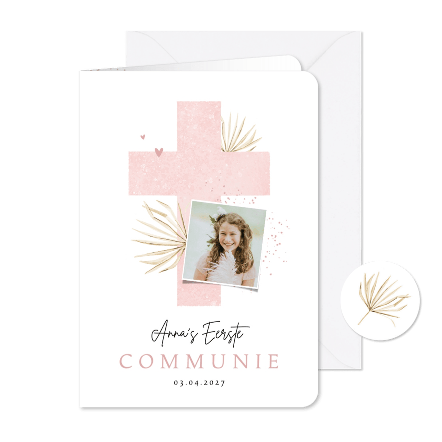 Communiefeest uitnodigingskaart kruis roze bohemian - Kaartimpressie