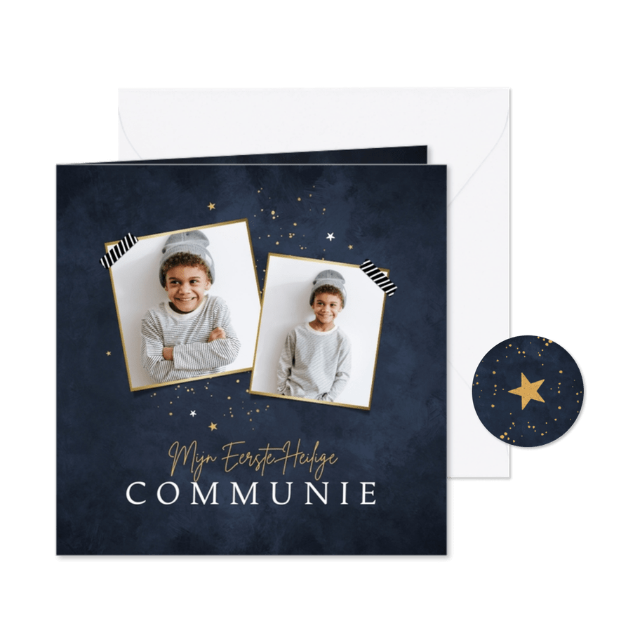 Communiefeest uitnodigingskaart sterretjes goud foto's - Kaartimpressie