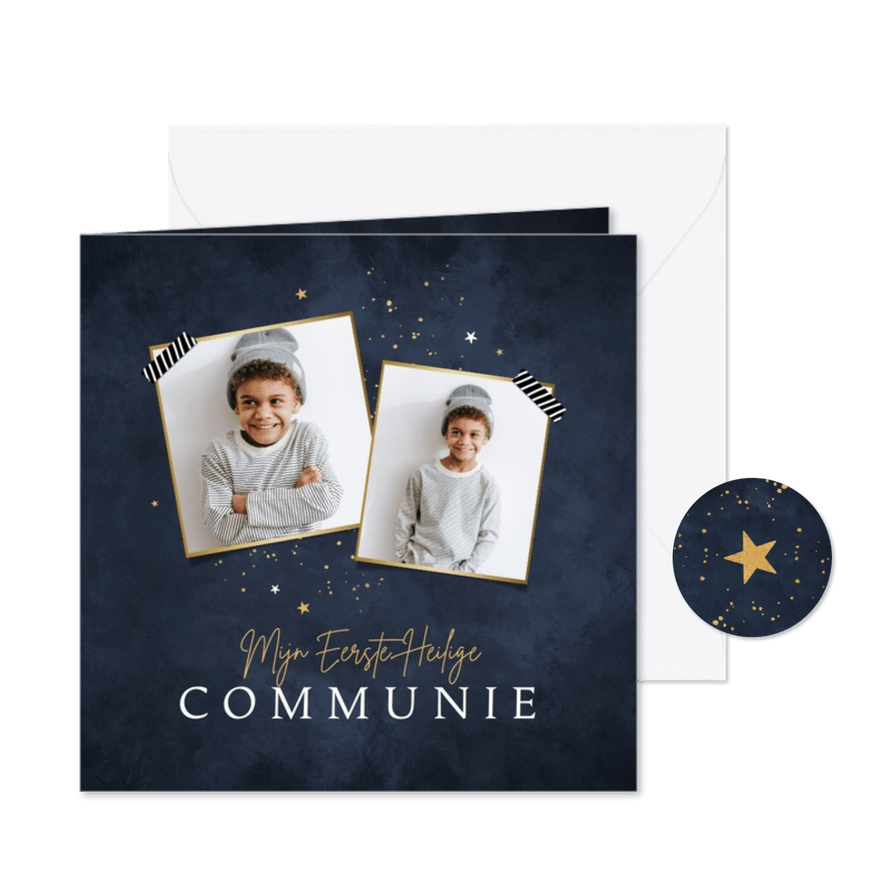 Communiefeest uitnodigingskaart sterretjes goud foto's - Kaartimpressie