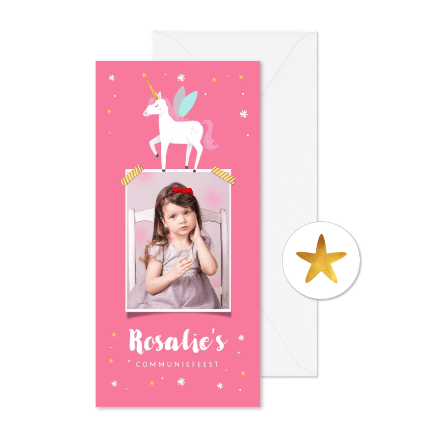 Communiefeest unicorn sterretjes goud foto roze - Kaartimpressie