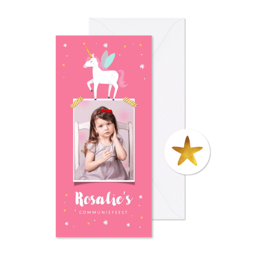 Communiefeest unicorn sterretjes goud foto roze - Kaartimpressie