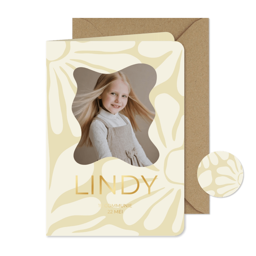 Communiekaart abstracte bloemen naturel met goudfolie - Kaartimpressie