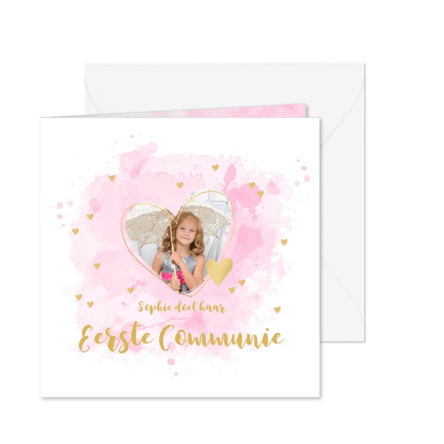 Communiekaart aquarel, foto en hartjes - Kaartimpressie