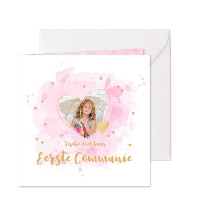 Communiekaart aquarel, foto en hartjes - Kaartimpressie