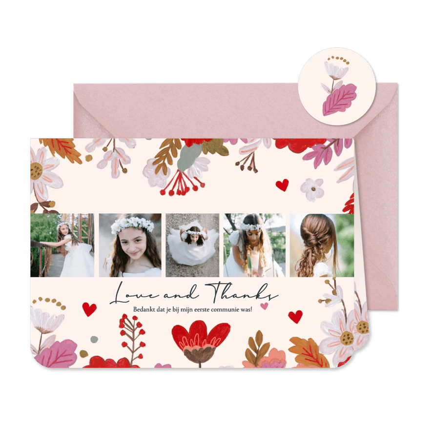 Communiekaart bedankkaart met foto en bloemen - Kaartimpressie