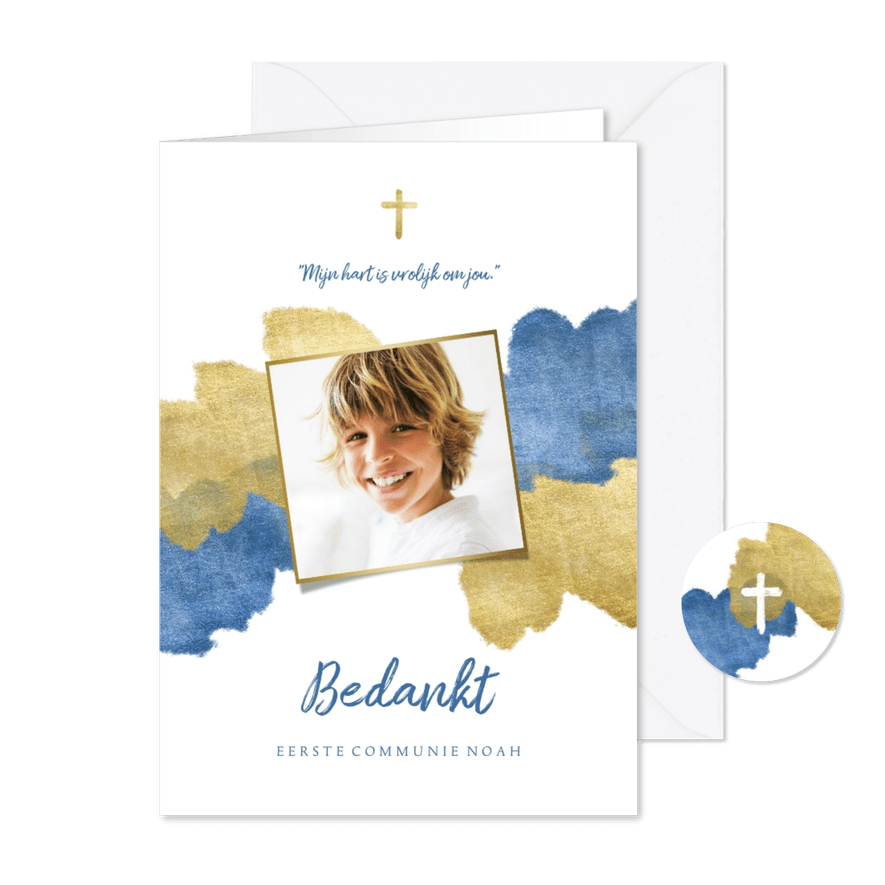 Communiekaart bedankt blauw aquarel metallic - Kaartimpressie