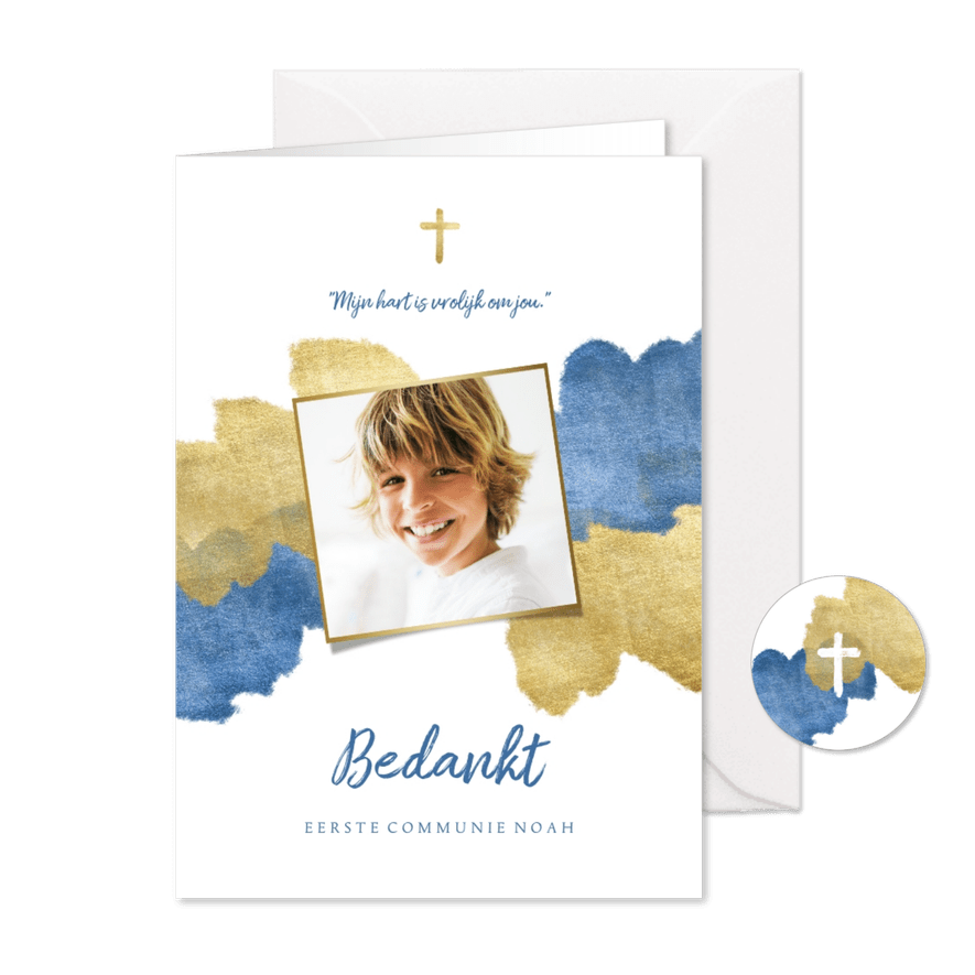 Communiekaart bedankt blauw aquarel metallic - Kaartimpressie